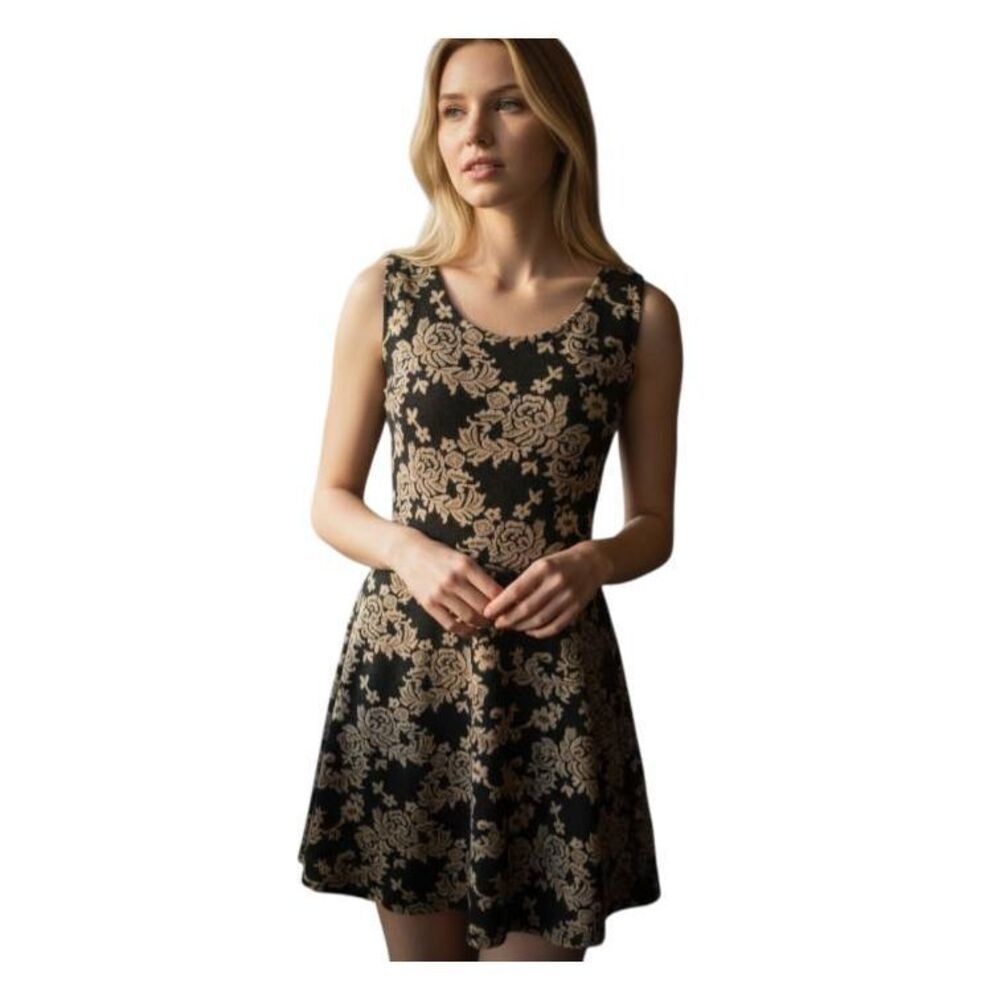 VIBE SPORTSWEAR BLACK & FLORAL BEIGE DRESS SZ.L EUC L.